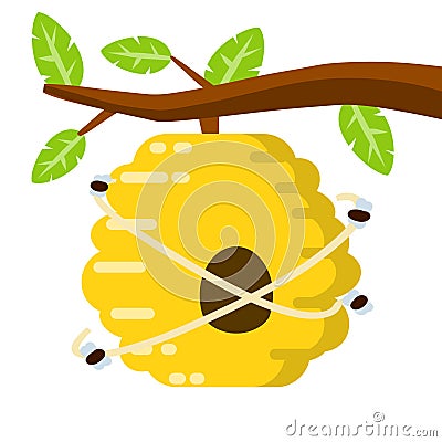 Hive. Yellow beehive. House of wasp and insect on tree. Element of nature and forests Vector Illustration