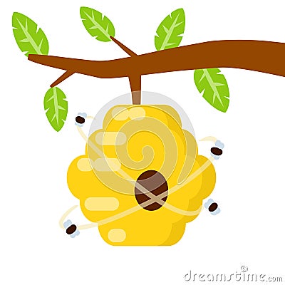 Hive. Yellow beehive. House of wasp and insect on tree Vector Illustration
