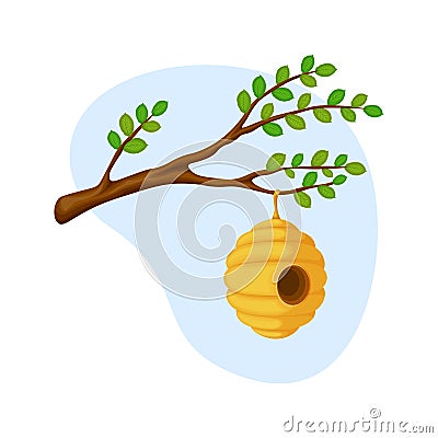 Hive. Yellow cartoon bee hive. A beehive on a tree branch. Vector illustration isolated on a white background Vector Illustration