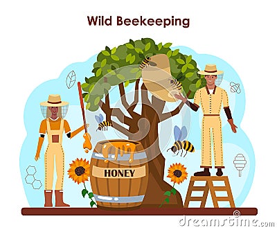 Hiver or beekeeper concept. Apiculture farmer gathering honey. Vector Illustration