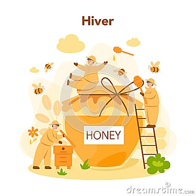 Hiver or beekeeper concept. Professional farmer with hive Vector Illustration