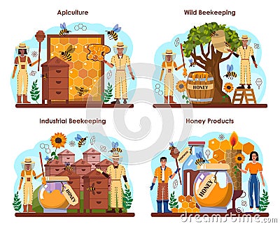 Hiver or beekeeper concept set. Apiculture farmer gathering honey. Vector Illustration