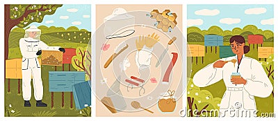 Hiver or beekeeper in uniform at apiary vector scene set Vector Illustration