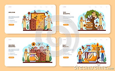 Hiver or beekeeper web banner or landing page set. Apiculture farmer Vector Illustration