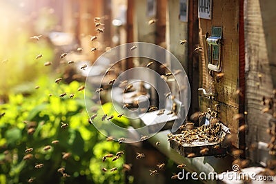 Hives in an apiary with bees flying to the landing boards in a g Stock Photo