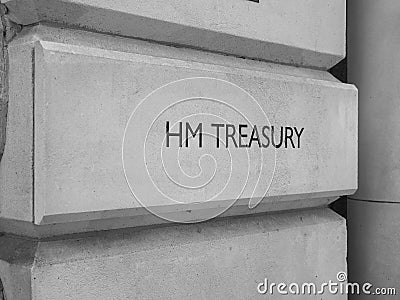 HM Treasury sign in London, black and white Editorial Stock Photo