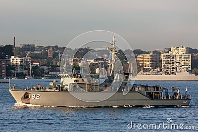 HMAS Huon M 82 Huon Class Minehunter Coastal vessel of the Royal Australian Navy in Sydney Harbor Editorial Stock Photo