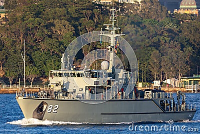 HMAS Huon M 82 Huon Class Minehunter Coastal vessel of the Royal Australian Navy in Sydney Harbor Editorial Stock Photo