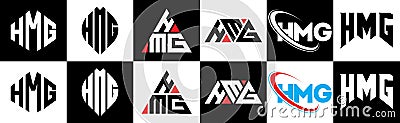 HMG letter logo design in six style. HMG polygon, circle, triangle, hexagon, flat and simple style with black and white color Vector Illustration