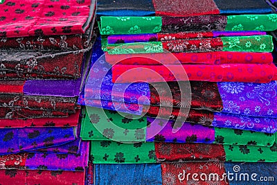 Hmong traditional fabrics on a market stall in Ha Giang Province, Northern Vietnam Stock Photo