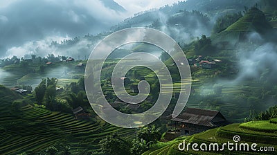 Hmong village nestled amidst lush mountain landscapes with traditional stilt houses and terraced fields Stock Photo