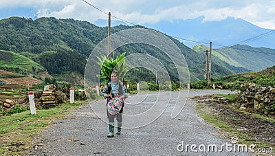 Hmong woman walking on mountain road Editorial Stock Photo