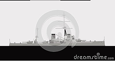 HMS DREADNOUGHT 1906. Royal Navy battleship. Cartoon Illustration