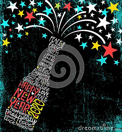 Happy New Year 2020 design. Abstract champagne bottle with inspiring handwritten words, bursting stars. Vector Illustration