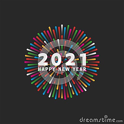 HNY 2021 logo and Happy New Year white text on the dark background colorful bright flash of fireworks for winter holiday emblem Vector Illustration