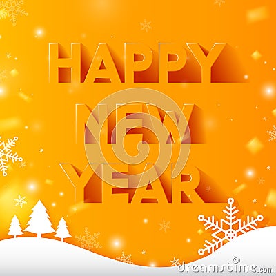 Happy New Year text design in paper style and long shadow on yellow background with sparkles. Vector Illustration