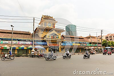 The exterior facade of the old colonial era architecture of the Binh Tay market in the Editorial Stock Photo