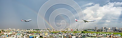 China Airlines Boeing 747 Cargo fly over urban areas with rainbow behind sky prepare landing Tan Son Nhat International Airport Editorial Stock Photo