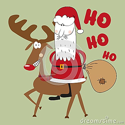 Ho ho ho - funny christmas text, with reindeer and Santa Claus on green background. Vector Illustration