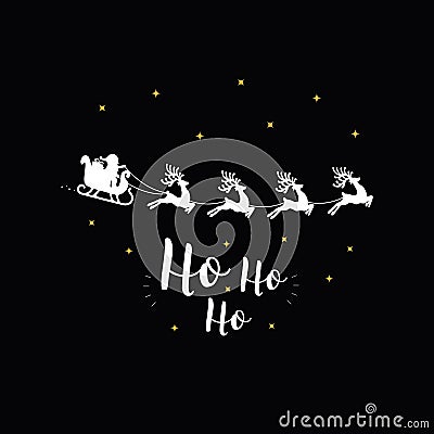 Ho Ho Ho christmas greeting text gold santa sleigh black background Stock Photo