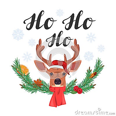 Ho ho ho. lettering with deer and fir branches Vector Illustration