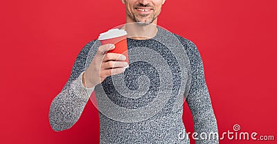 hoary man drinking coffee. male fashion model hold cup. winter fashion. morning coffee. Stock Photo