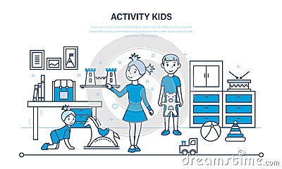 Hobbies, activity, entertainment, kids games, free and basic time activities. Vector Illustration