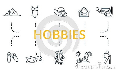 Hobbies icon set. Collection of simple elements such as the beach hat, tent, 13, palm trees, fishing, diving. Vector Illustration