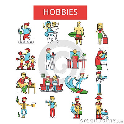 Hobbies illustration, thin line icons, linear flat signs, vector symbols Vector Illustration