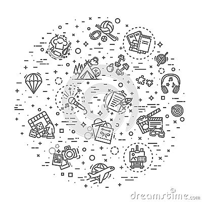 Hobbies and interest detailed line icons set Vector Illustration