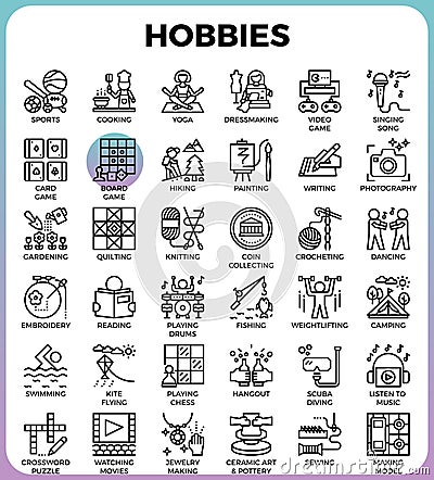 Hobbies and interest detailed line icons Vector Illustration