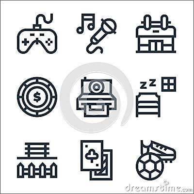 Hobbies line icons. linear set. quality vector line set such as football, poker cards, park, sleep, photography, casino chip, gym Vector Illustration