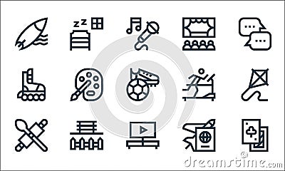 Hobbies line icons. linear set. quality vector line set such as poker cards, watching tv, cooking, travel, park, skating, Vector Illustration