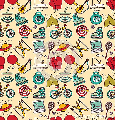 Hobbies men objects sport tourism coding seamless pattern Vector Illustration