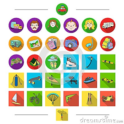 Hobbies, tourism, travel and other web icon in cartoon style. Attributes, transport, sports, icons in set collection. Vector Illustration