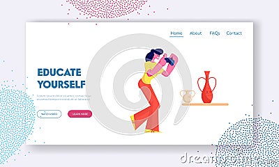 Hobby, Activity Website Landing Page, Tourist Girl Visiting Museum of Ancient History, Watching and Photographing Old Vase Vector Illustration