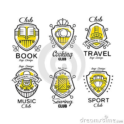 Hobby club logo design set, badges with heraldic shield, book, cooking, travel, sewing, music, sport club vector Vector Illustration