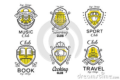 Hobby club logo design set, badges with heraldic shield, book, cooking, travel, sewing, music, sport club vector Vector Illustration