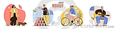 Hobby concept scenes set. Women walking dog or ride bike. Men building house of cards or learn to playing guitar. Collection of Vector Illustration