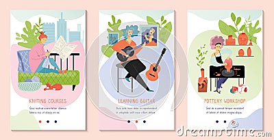 Hobby courses and workshops, people learning pottery, knitting and playing guitar, vector illustration Vector Illustration