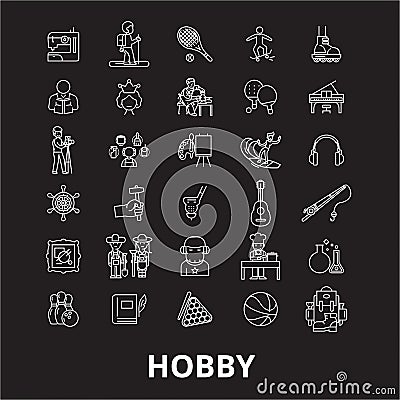 Hobby editable line icons vector set on black background. Hobby white outline illustrations, signs, symbols Vector Illustration