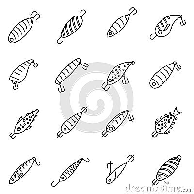 Hobby fish bait icons set, outline style Vector Illustration