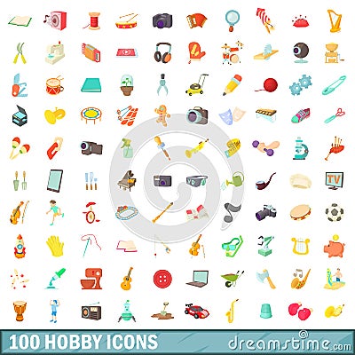 100 hobby icons set, cartoon style Vector Illustration