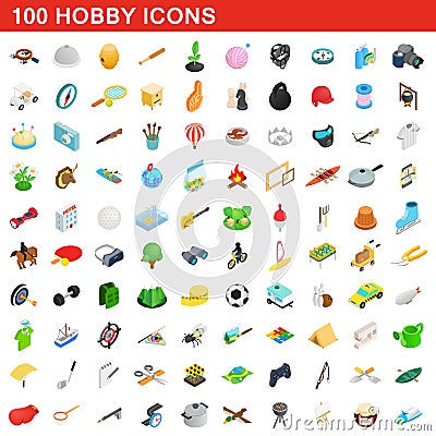 100 hobby icons set, isometric 3d style Vector Illustration