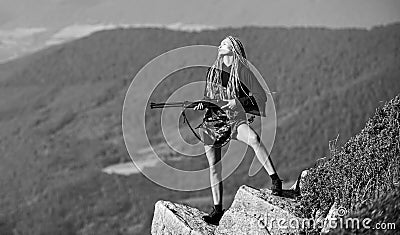 Hobby leisure. fight for justice. military fashion. woman assassin with gun. war time. female soldier. gender equality Stock Photo