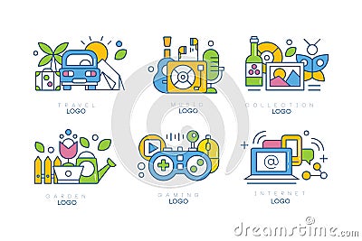 Hobby logo design set. Garden, gaming, travel, music, internet labels and badges vector illustration Vector Illustration