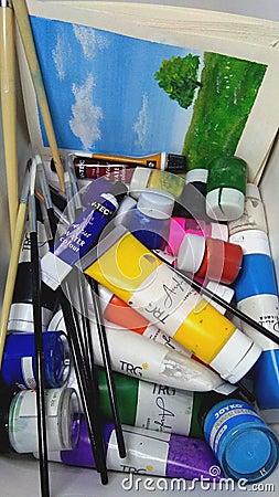 the hobby of painting is fun, I have simple tools like paint, brushes, paper for painting Editorial Stock Photo