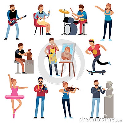 Hobby persons. People of creative professions at work. Artistic occupations, retro hobbies cartoon characters vector set Vector Illustration