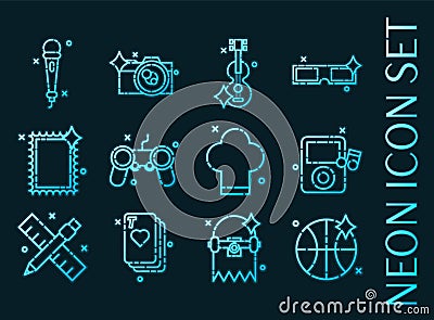 Hobby set icons. Blue glowing neon style. Vector Illustration
