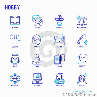Hobby thin line icons set: reading, gaming, gardening, photography, cooking, sewing, fishing, hiking, yoga, music, travelling, bl Vector Illustration